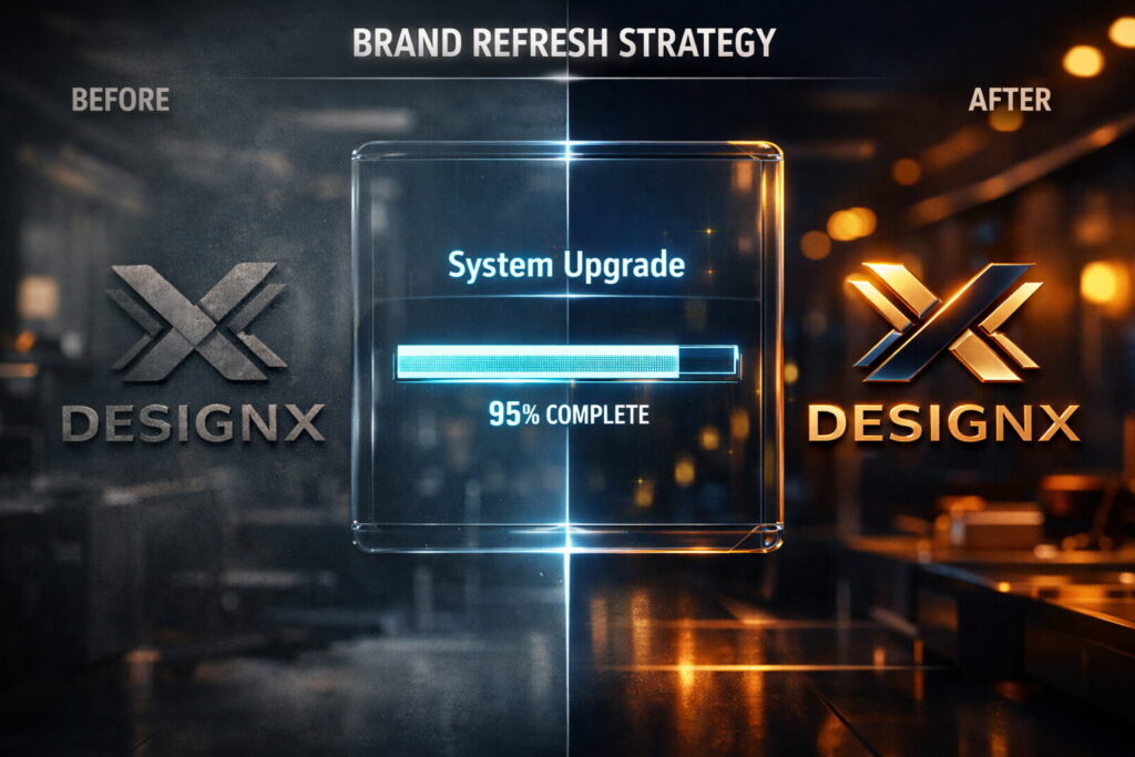 Strategic Brand Refresh Strategy visual showing the evolution of a corporate identity from legacy to premium.