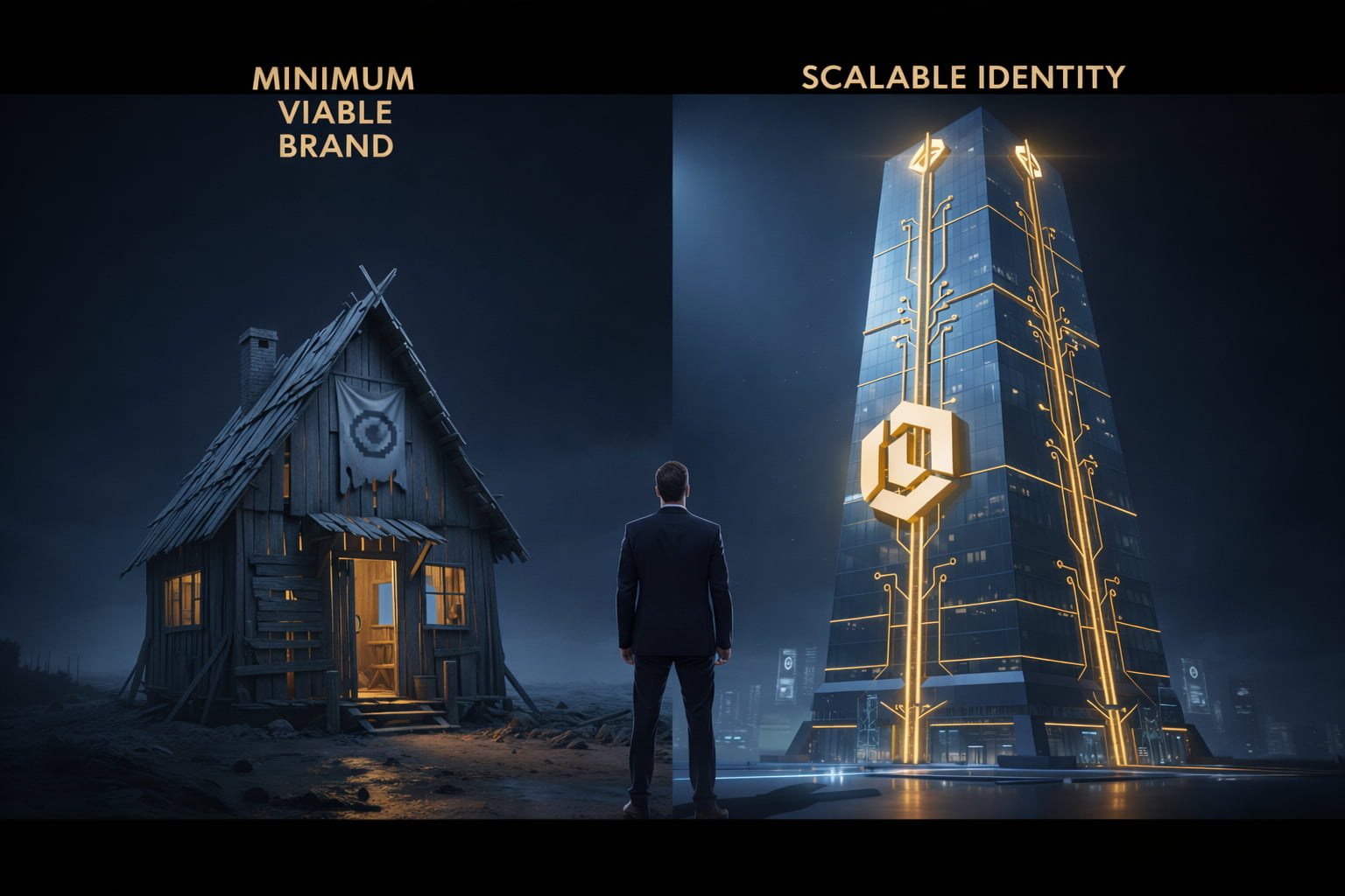 Comparison between Minimum Viable Brand vs Scalable Identity showing startup business growth and valuation increase.